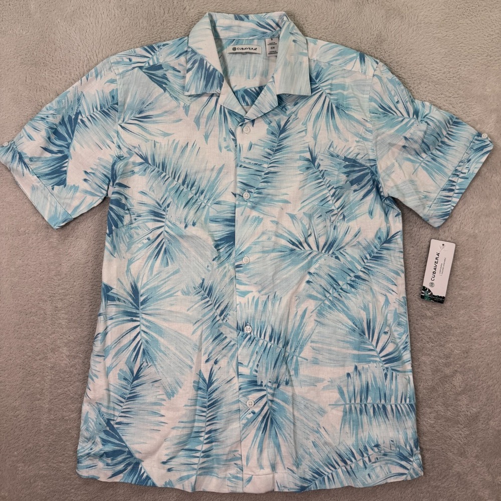 NEW Cubavera Shirt Men Small Blue White Tropical Leaf Print S/S Linen Blend Flex